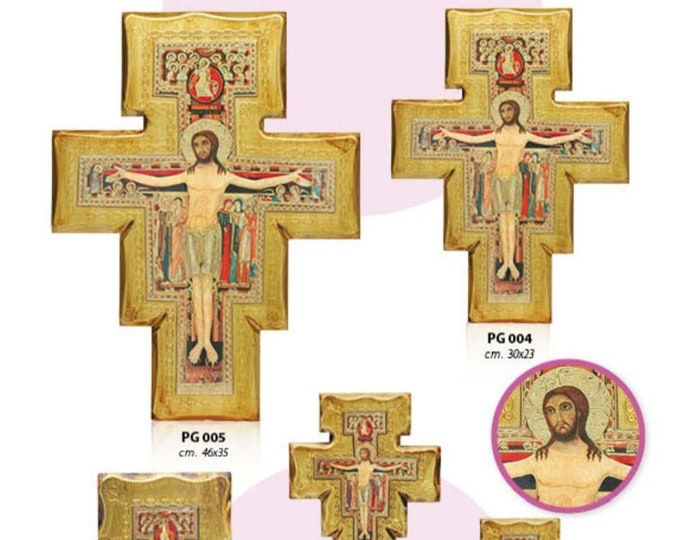 Crucifix cross of San Damiano with embossed image, made of wood of Italian artisan production various sizes available