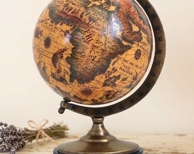World Map, Antique Map Globe with Marble Base, Height 24 cm (9.44 inch), Handcrafted