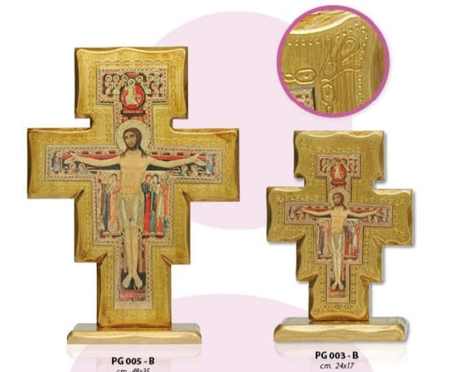 Crucifix cross of San Damiano with support base, made of wood of Italian artisan production various sizes available