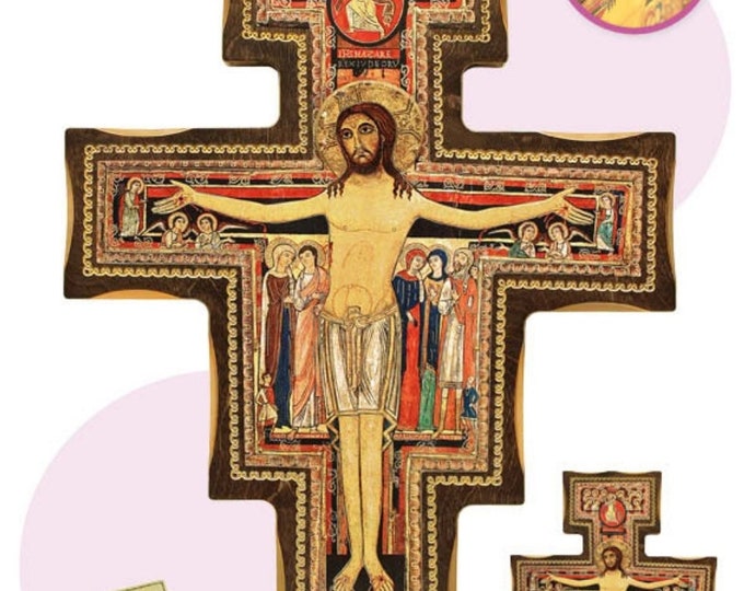 Crucifix cross of San Damiano to hang or countertop, made of wood Italian artisan production available in various sizes