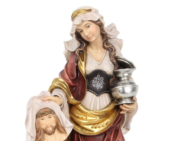 Statue of Saint Veronica with shroud, carved in Valgardena wood and hand decorated, Italian artisan production