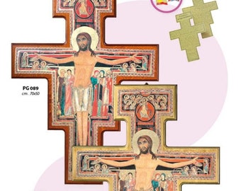 San Damiano cross crucifix in walnut or gold leaf, made of handcrafted Italian wood