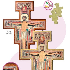 San Damiano cross crucifix in walnut or gold leaf, made of handcrafted Italian wood