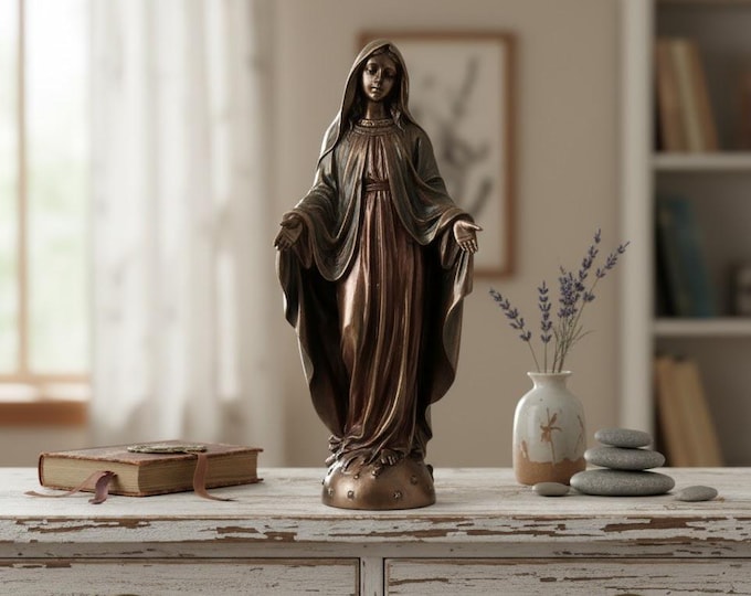 Sculpture of the Miraculous Madonna, 20 cm (7.87 inches) in bronzed resin marble, handcrafted in Italy