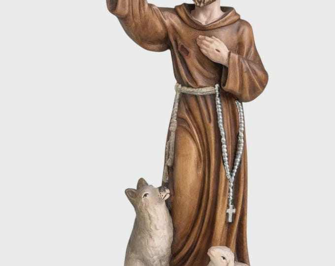 Statue of Saint Francis of Assisi carved from Valgardena wood, hand-decorated, Italian artisan production, various sizes.