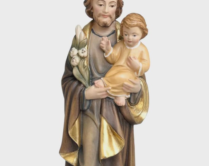Statue of Saint Joseph with child and lily carved in Valgardena wood, hand-decorated, Italian artisan production, various sizes