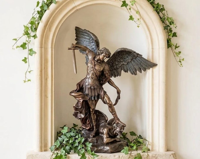 Sculpture of Saint Michael the Archangel, 53 cm (20.86 inches) in bronzed resin marble, handcrafted in Italy