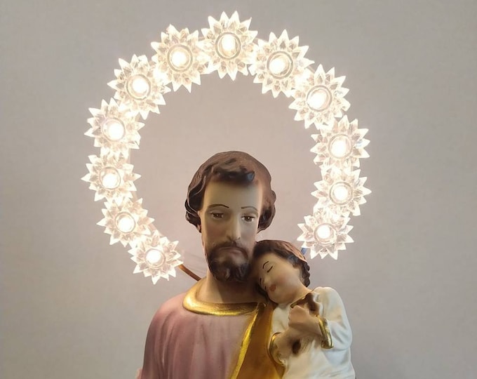 Hand decorated marble resin statue of Saint Joseph cm 30 (11,81 inches) with luminous halo of Italian artisan production