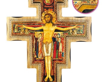 Crucifix cross of San Damiano, made of wood, handcrafted in Italy, available in various sizes