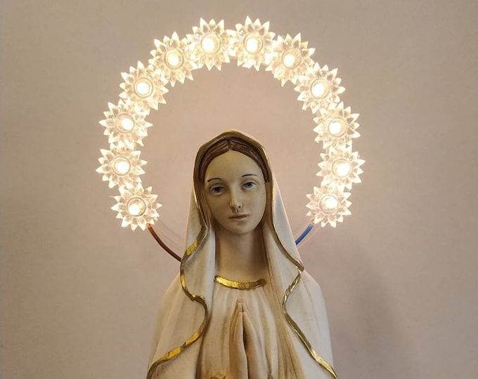 Madonna Lourdes statue cm 40 (15.74 inches) with luminous halo, in hand-decorated resin marble, Italian artisan production