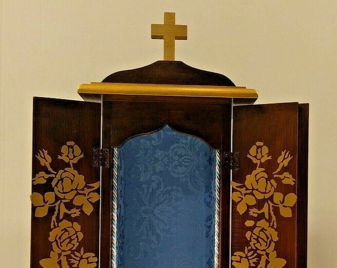 Wooden display case, handcrafted, with damask interior, ideal for statues measuring 25/29 cm (9.84/11.41 inches), foldable