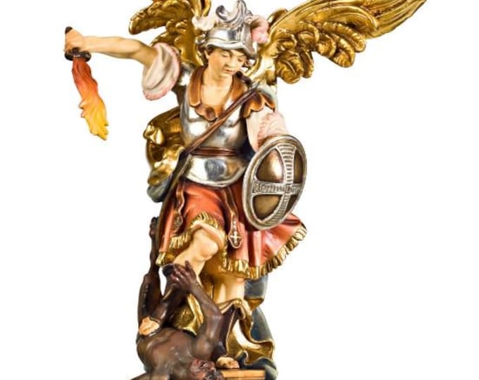 Statue of St. Michael the Archangel carved in Valgardena wood and hand decorated, Italian artisan production