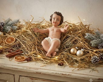 Baby Jesus statue in resin 35 cm (13.77 inches), finely hand-decorated, artisanal production, ideal for both indoor and outdoor use