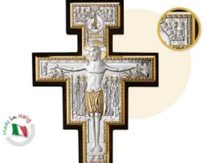 Crucifix of San Damiano in silver and gold inserts, wooden back, various sizes available, of Italian artisan production