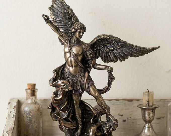 Sculpture of Saint Michael the Archangel, 22 cm (8.66 inches) in bronzed resin marble, handcrafted in Italy