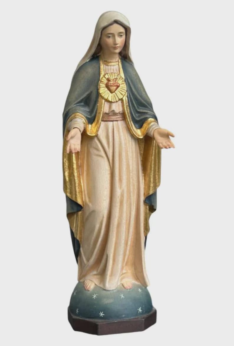 Statue of the Sacred Heart of Mary, Carved in Valgardena Wood, Hand ...