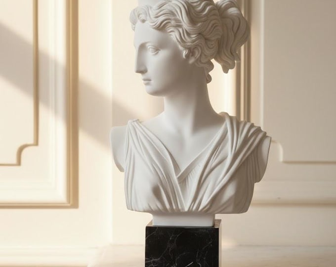 Classical sculpture "Bust of Artemis" made of alabaster powder, marble base, various sizes available Made in Italy
