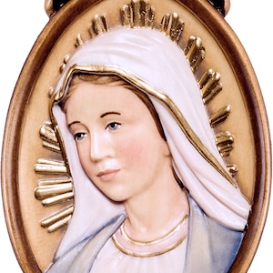 Medalla de la Virgen Milagrosa tallada en madera de Valgardena y decorada a mano de producción artesanal italiana