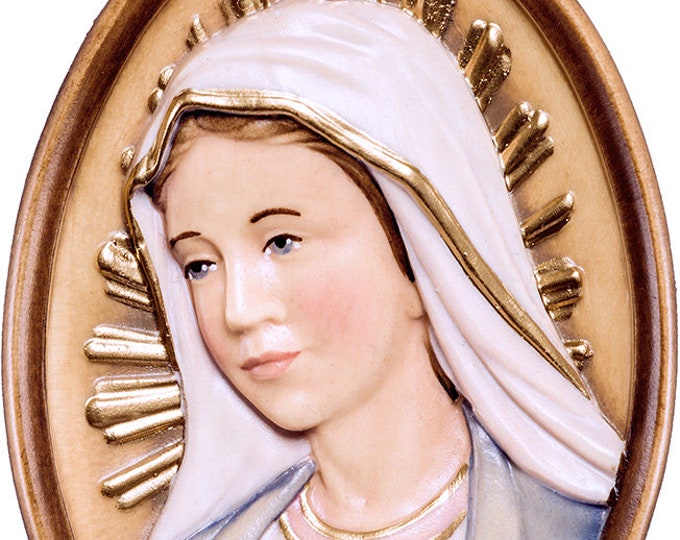 Medal of the Miraculous Madonna carved in wood from Valgardena and decorated by hand of Italian artisan production