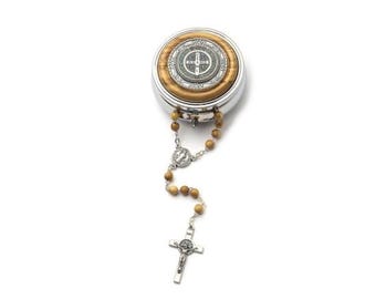Rosary of Saint Benedict of Norcia, in olive wood, Ø 5 mm bead, metal and wood case, handcrafted in Italy