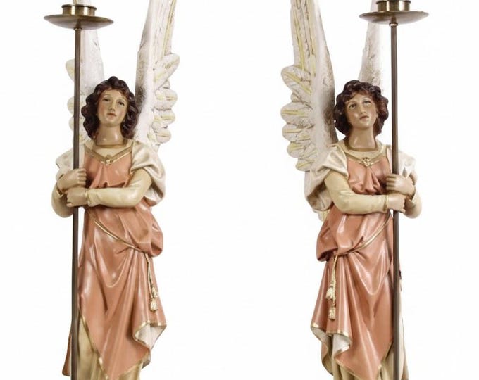 Pair of angels with candelabra 87 x 16.5 cm (34.25 x 6.49 inches) made of marble resin, hand decorated, artisanal production