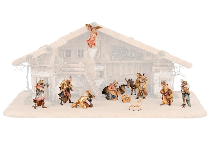 Complete nativity scene 13 pieces (without stable) carved in Valgardena wood, decorated by hand, various sizes, Italian artisan production