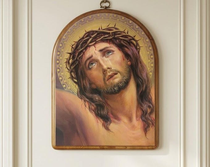 Solid wood painting of the Face of Christ, 42 x 32 cm (16.53 x 12.59 inches), handcrafted in Italy.