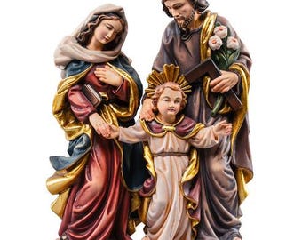 Sculpture statue of the Holy Family, carved from Valgardena wood root, hand-decorated, Italian artisan production.