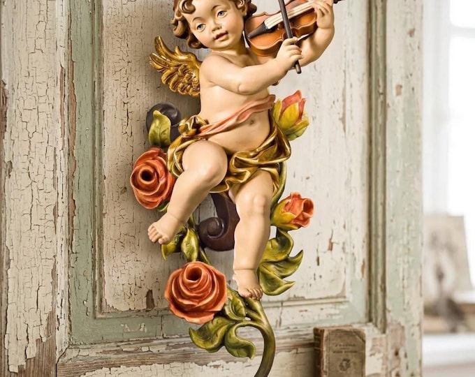 Angel, putto with violin and roses carved in Valgardena wood and decorated by hand, various available, handcrafted in Italy