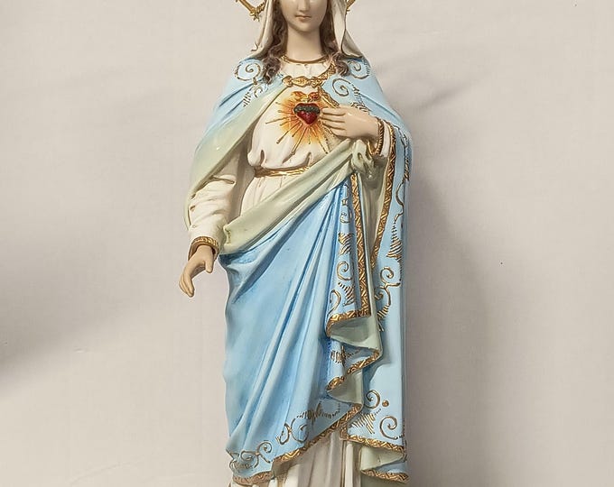 Statue of the Madonna, Sacred Heart of Mary, cm 39 x 10 (15.35 x 3.93 inches) in resin, hand decorated, artisanal production