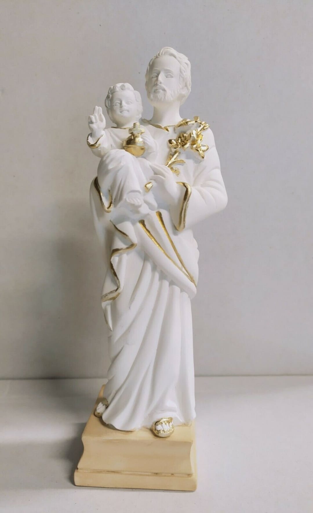 聖ヨセフ像 聖ヨセフ像 20 cm (7.87 インチ) 大理石樹脂製、完全な白と金の装飾