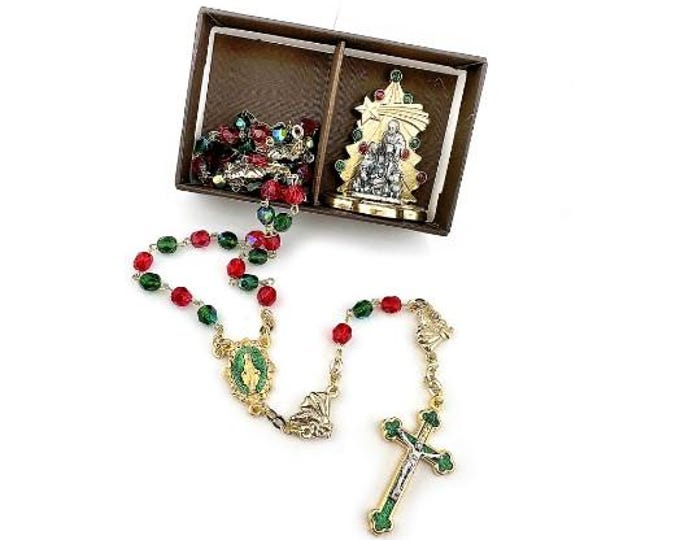 Crystal rosary with nativity scene, enameled cross and colored centerpiece, handcrafted in Italy, two models available