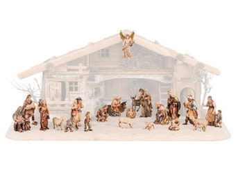 Complete nativity scene 24 pieces (without stable) carved in Valgardena wood, decorated by hand, various sizes, Italian artisan production