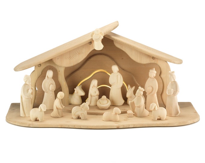 Natural Modern Art nativity scene, carved in Valgardena wood, 17 pieces with hut, various sizes, Italian artisan production