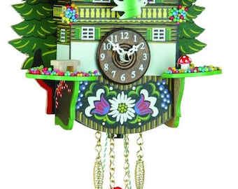 Carved wooden cuckoo clock "Cuculino Heidi", Alpine chalet 16 cm (6.30 inch) handcrafted in Italy