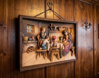 Bas-relief sculpture "The Prayer", carved in Valgardena wood, hand-decorated, Italian artisan production