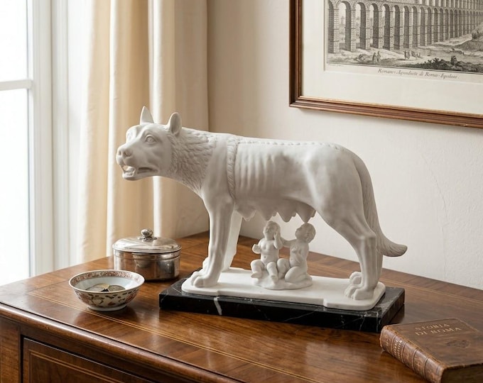 Classical sculpture "Capitoline Wolf", various sizes, in alabaster powder, marble base, made in Italy