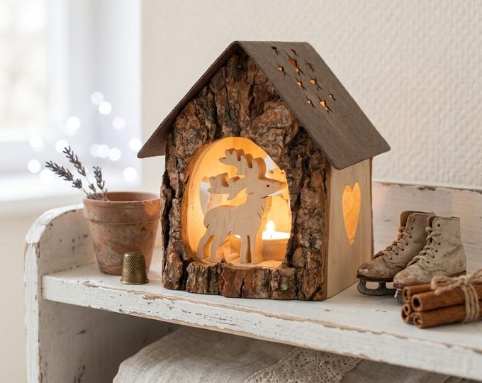 Candle holder house with deer 14 cm (5.51 inches) carved in Valgardena wood, artistic carving, Italian artisan production