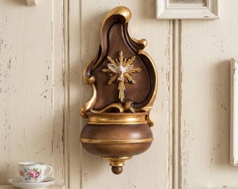 Holy water stoup with Holy Spirit, carved in Valgardena wood and hand-decorated with oil paints and gold leaf, made in Italy