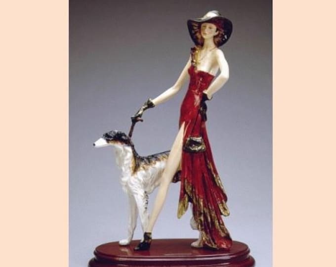 Liberty Style Sculpture Lady with Greyhound cm 43 x 28 (16.9 x 11 inch) in alabaster powder, wooden base, hand painted, made in Italy
