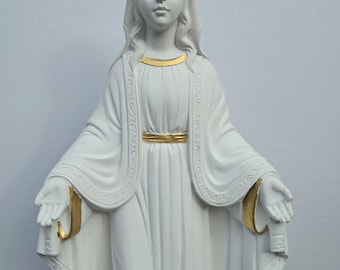 Miraculous Madonna statue 33 cm (13 inches) in white and gold resin marble, hand decorated, Italian artisan production