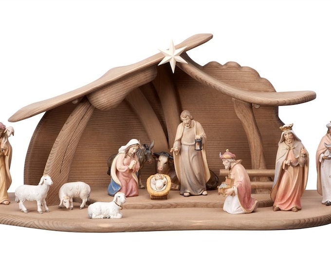 Complete Nativity scene Ambiente Design 14 pieces, carved in hand-decorated Valgardena wood, various sizes, Italian handicraft production
