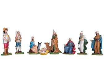Complete nativity scene cm 20 (7,87 inches) composed of 11 pieces in hand-decorated resin of Italian artisan production