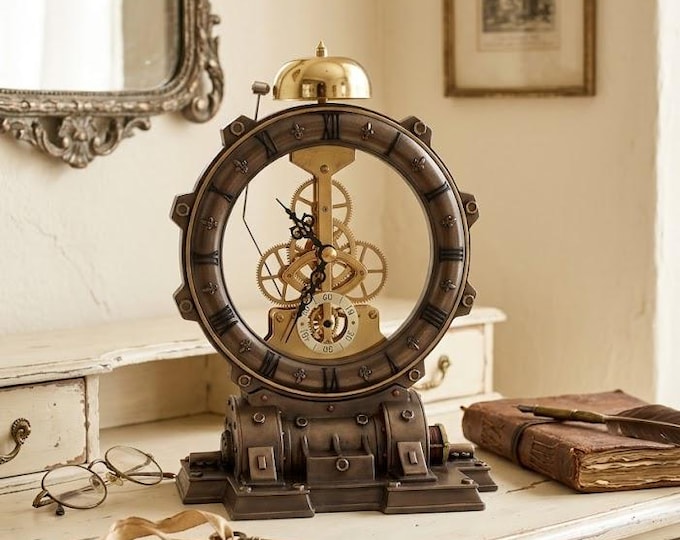Clock sculpture with chime every hour, steampunk style, 22 cm (8.66 inches) in bronzed resin marble, handcrafted in Italy