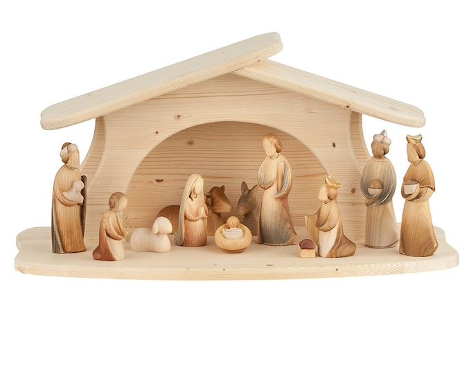 Modern Art nativity scene carved in Valgardena wood, decorated by hand, 12 pieces with hut, various sizes, Italian artisan production