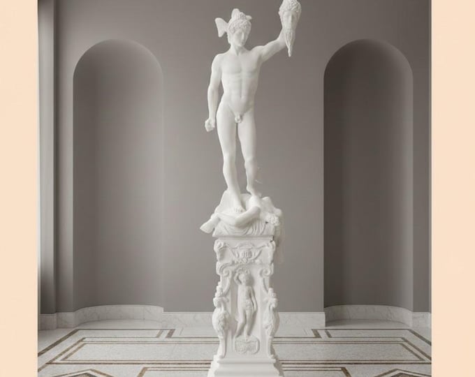 Classical sculpture "Perseus", 117 cm (46.06 inches) in alabaster powder, handcrafted, made in Italy