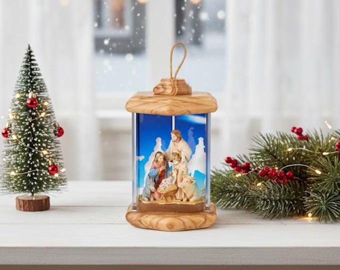 Complete nativity scene in lantern, 14.5 cm (5.70 inches) in hand-decorated resin, Italian artisan production