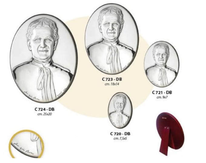 Wooden picture with oval silver plaque of San Giovanni Bosco, various sizes available, of Italian artisan production