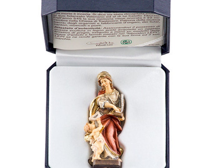 Statue of Santa Cecilia with deluxe case carved in Valgardena wood and hand-decorated with Italian craftsmanship
