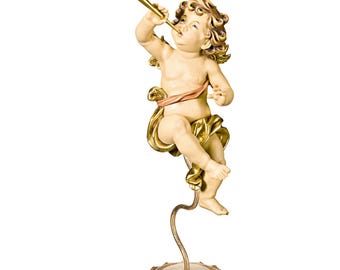 Angel sculpture, putto with trumpet on a pedestal, carved in Valgardena wood and hand-decorated, handcrafted in Italy